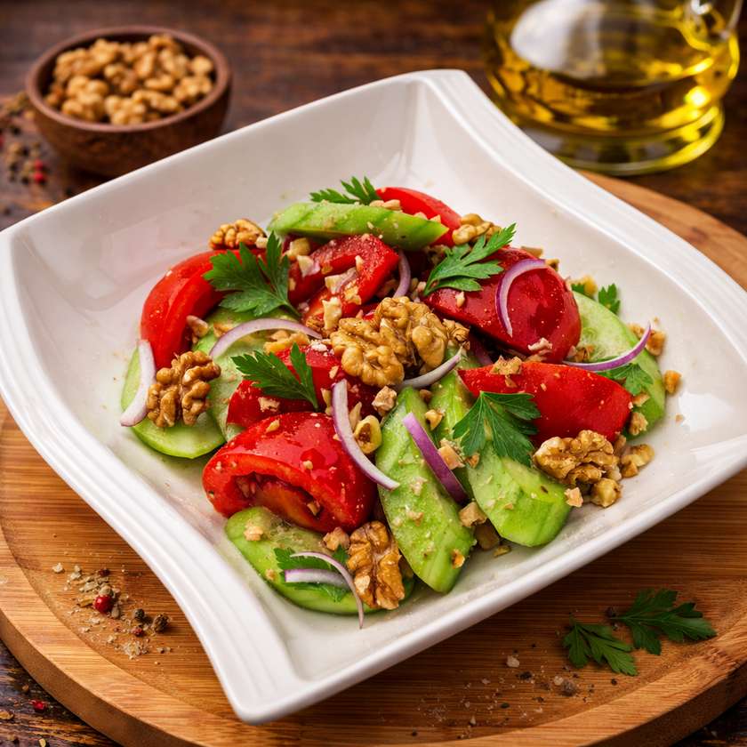 Cucumber tomato salad with walnuts