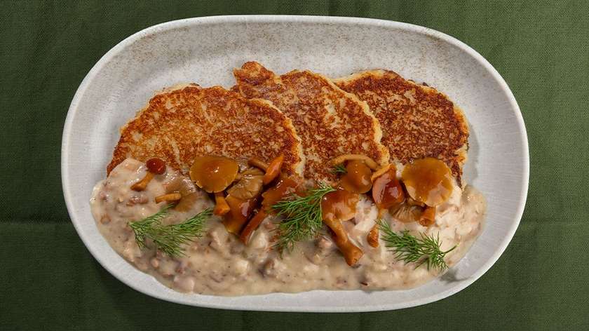 Potato pancakes with chanterelle and bacon sauce