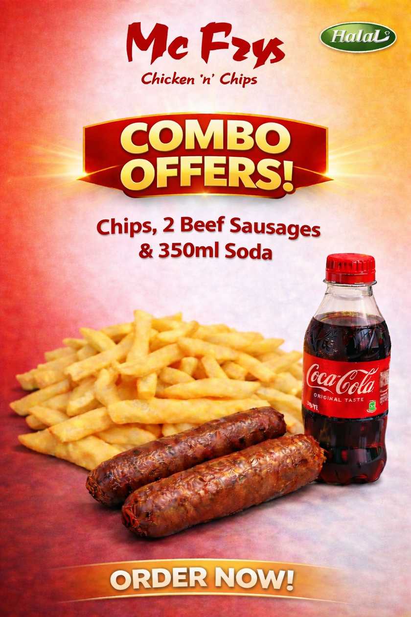2 Beef Sausages + Chips + Soda