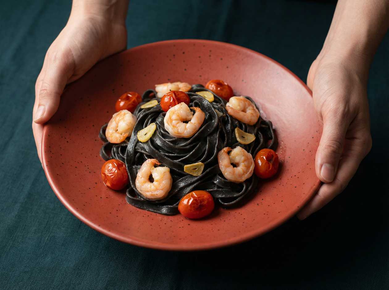 Black Squid Ink Tagliatelle with Shrimp