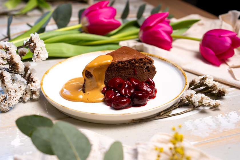 Chocolate Soufflé Cake with Cherry and Caramel Sauce