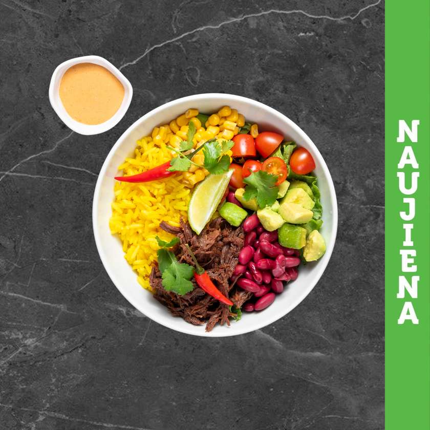 Meksikietiškas Bowl su plėšyta jautiena