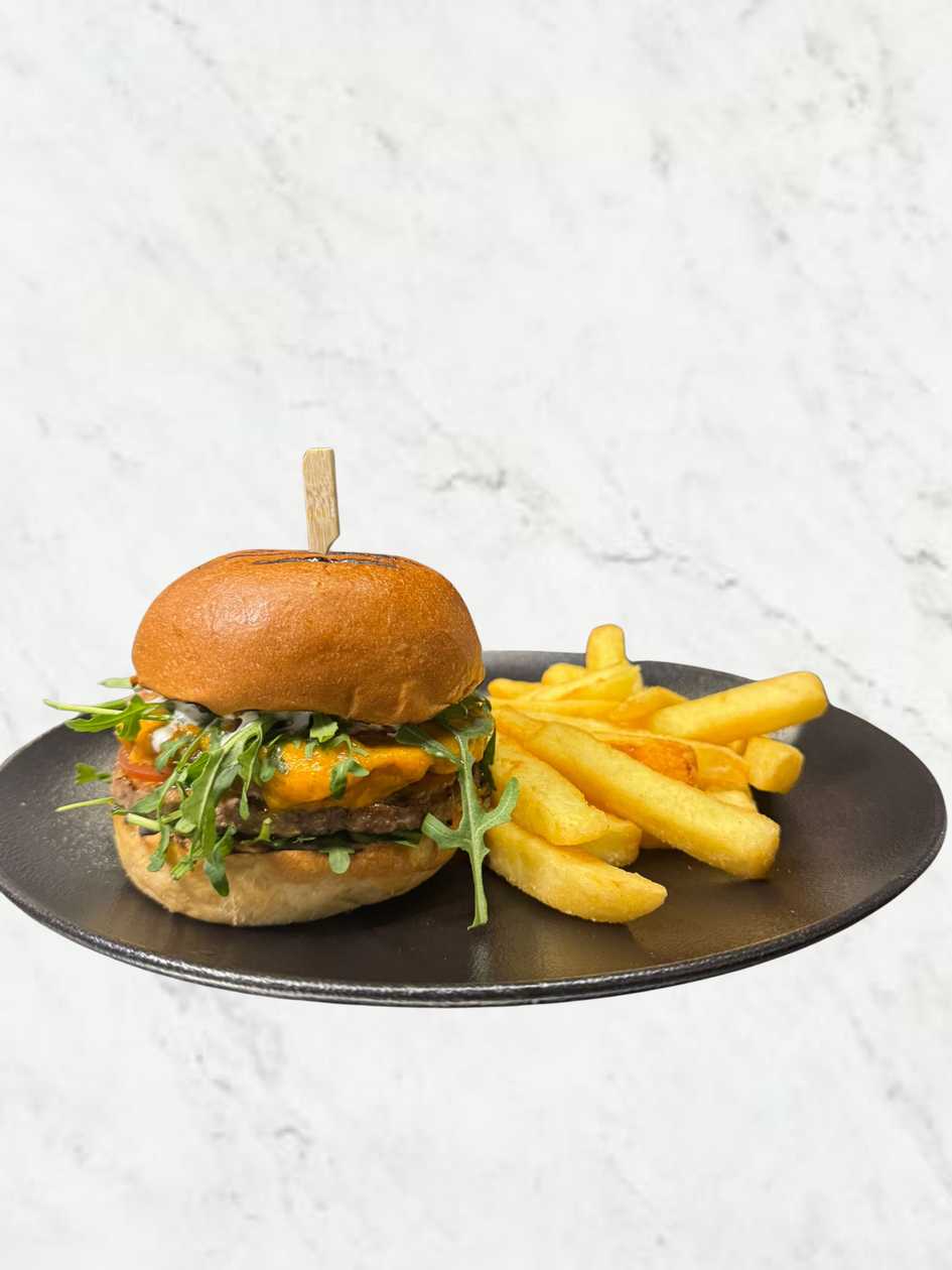 With double beef meat, Cheddar & BB sauce