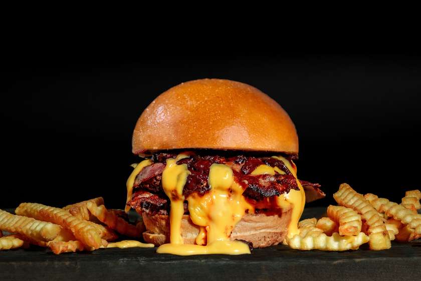 Burger with Bacon and Onion Jam & Fries