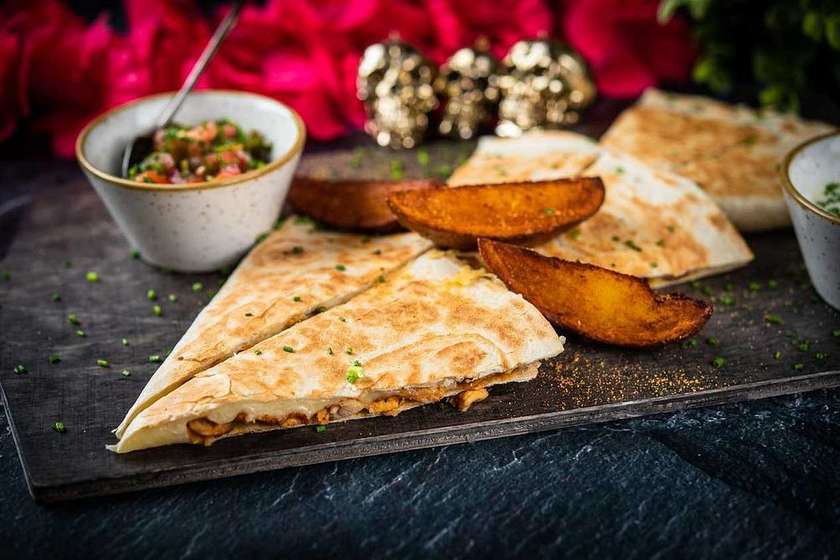 Spicy minced beef quesadilla with cheese & Chipotle sauce