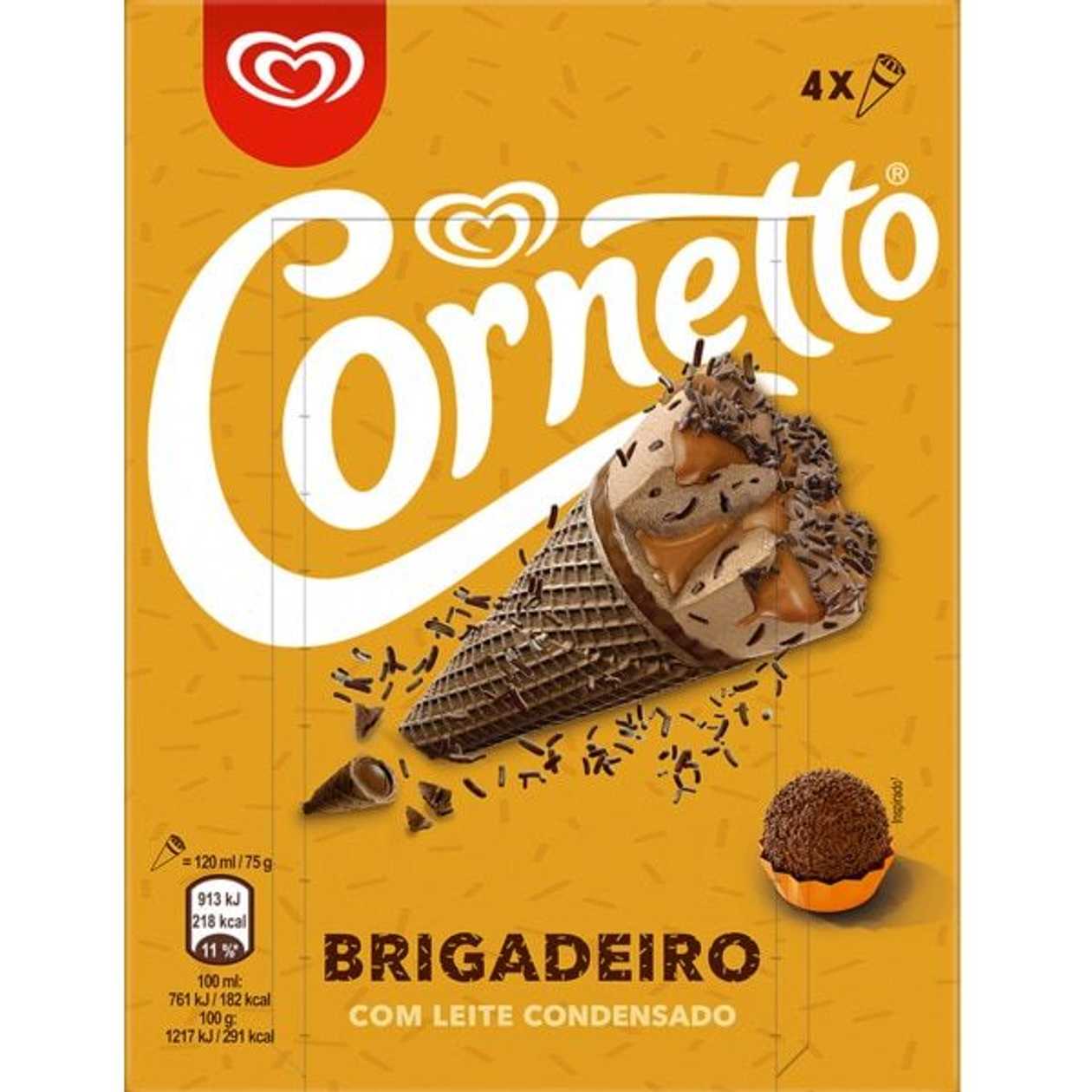 Cornetto Gelado de Brigadeiro com Leite Condensado Pack 4 unidades embalagem 480 ml