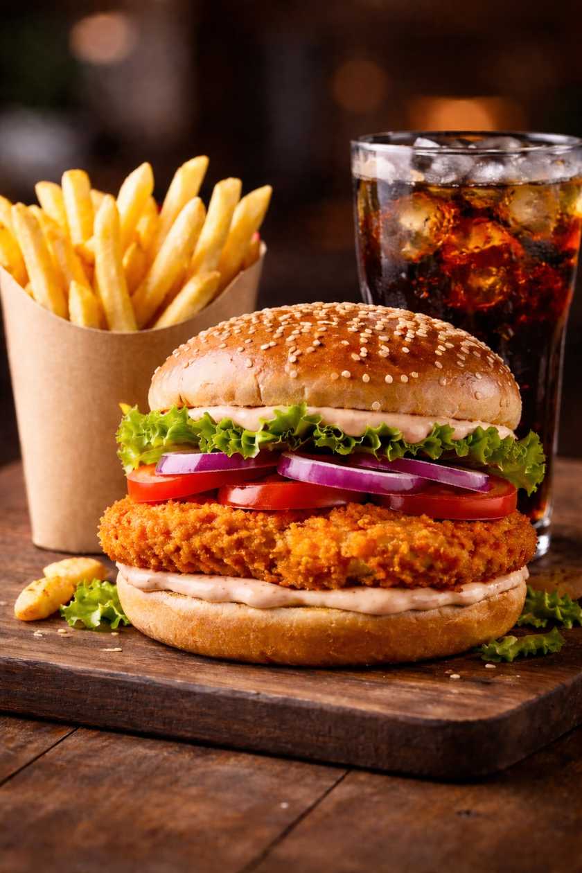 ⭐ Chicken Burger Combo – Fries & Drink (500ml Iced Tea Available)
