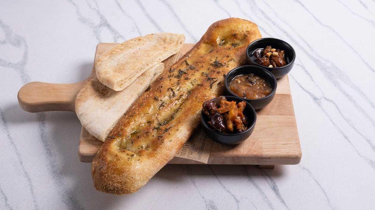 Focaccia Fresca, Israeli Pita, Sherry Vinaigrette, Marinated Olives