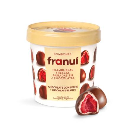 Franui raspberries in white chocolate and milk chocolate