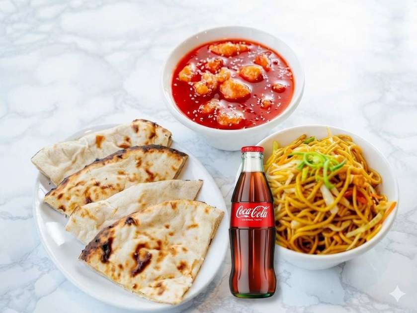 Mesikana+ seganuudlid + juust naan+coca-cola