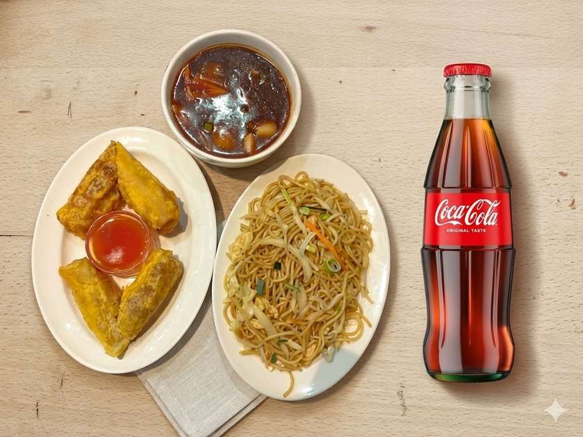 Pekingi kana + juurviljad ja munanuudlid + juurvilja kevadrullid+coca-cola