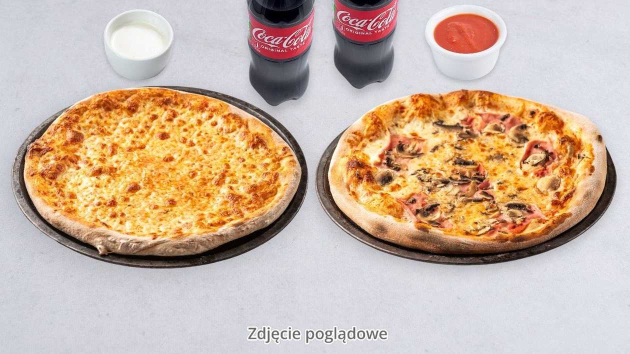 37. Zestaw XXL PARTY: Pizza Sezonowa 50cm, Capriciosa 50cm, Coca-cola 0,85l, 2x dowolny sos