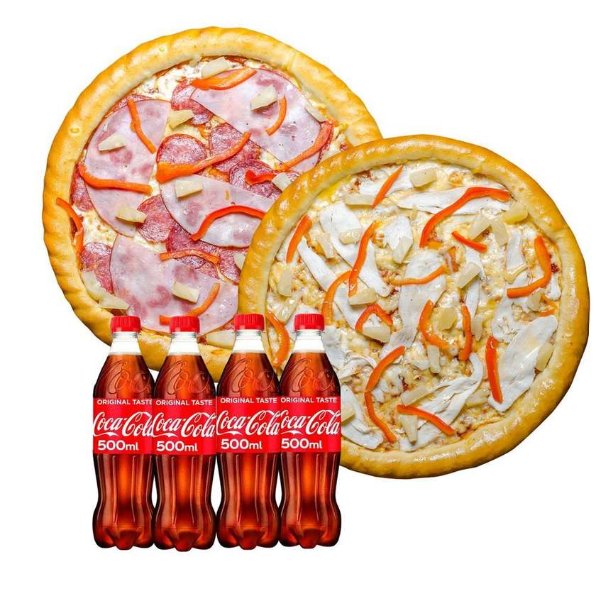 2 Large Pizzas + 4 Drinks = Super Price!