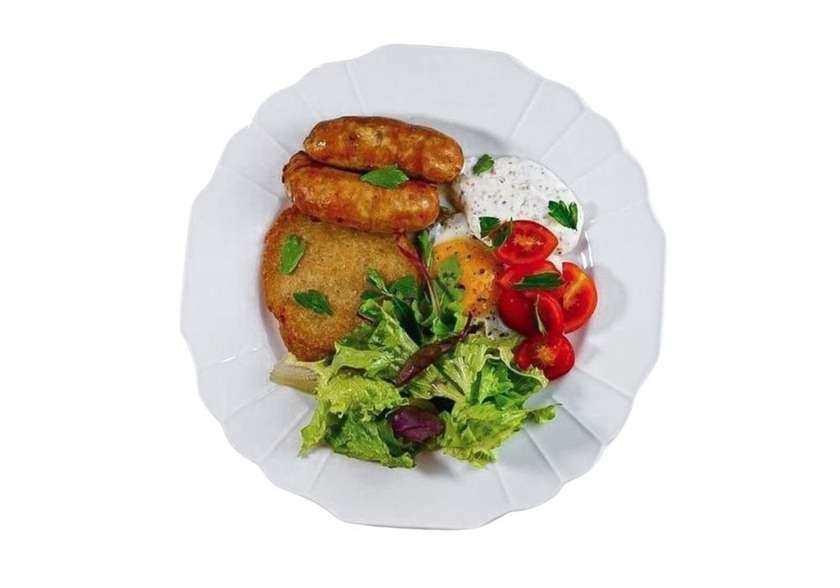 Potato pancakes with sausages and fried eggs