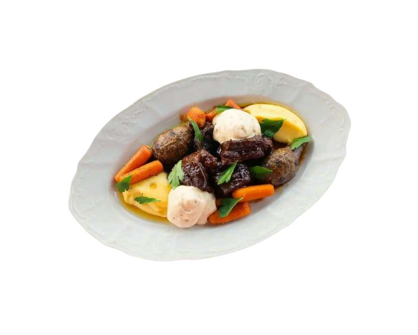 Beef Neck with Root Vegetables and White Mushroom Mousse