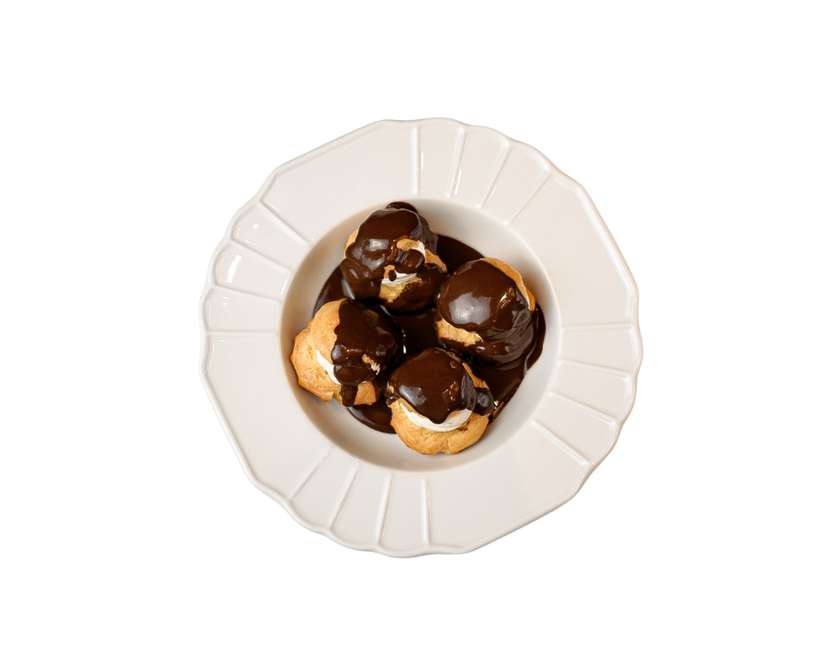 Profiteroles with cheese cream and chocolate ganache