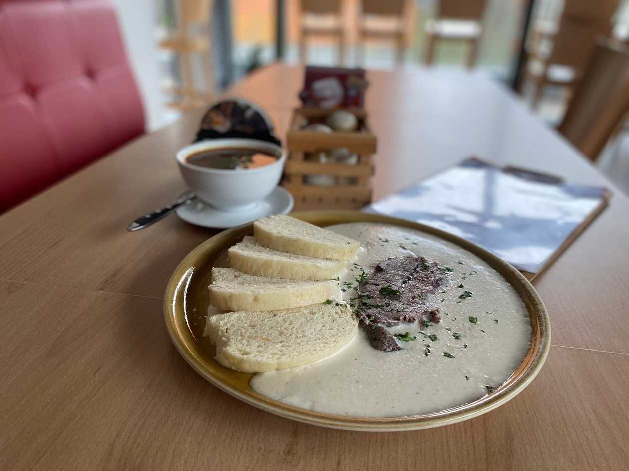 Pečená krkovička, kôprová omáčka, knedľa