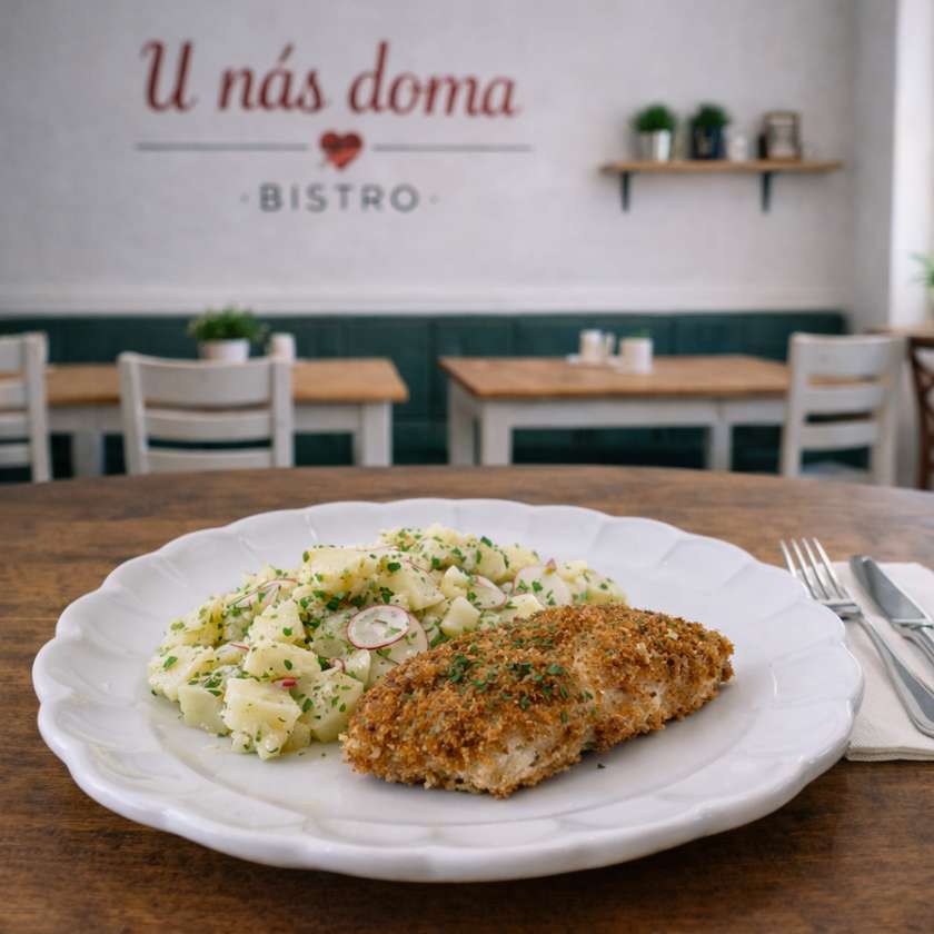 150g	Vyprážaná tmavá treska v bylinkovej strúhanke, jarný zemiakový šalát (1,3,4)