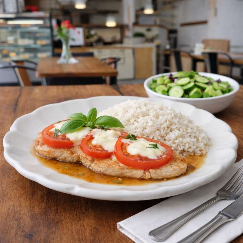 150g	Kuracie prsia na spôsob „Caprese“ na prírodnej šťave, ryža, čerstvý šalát (7)