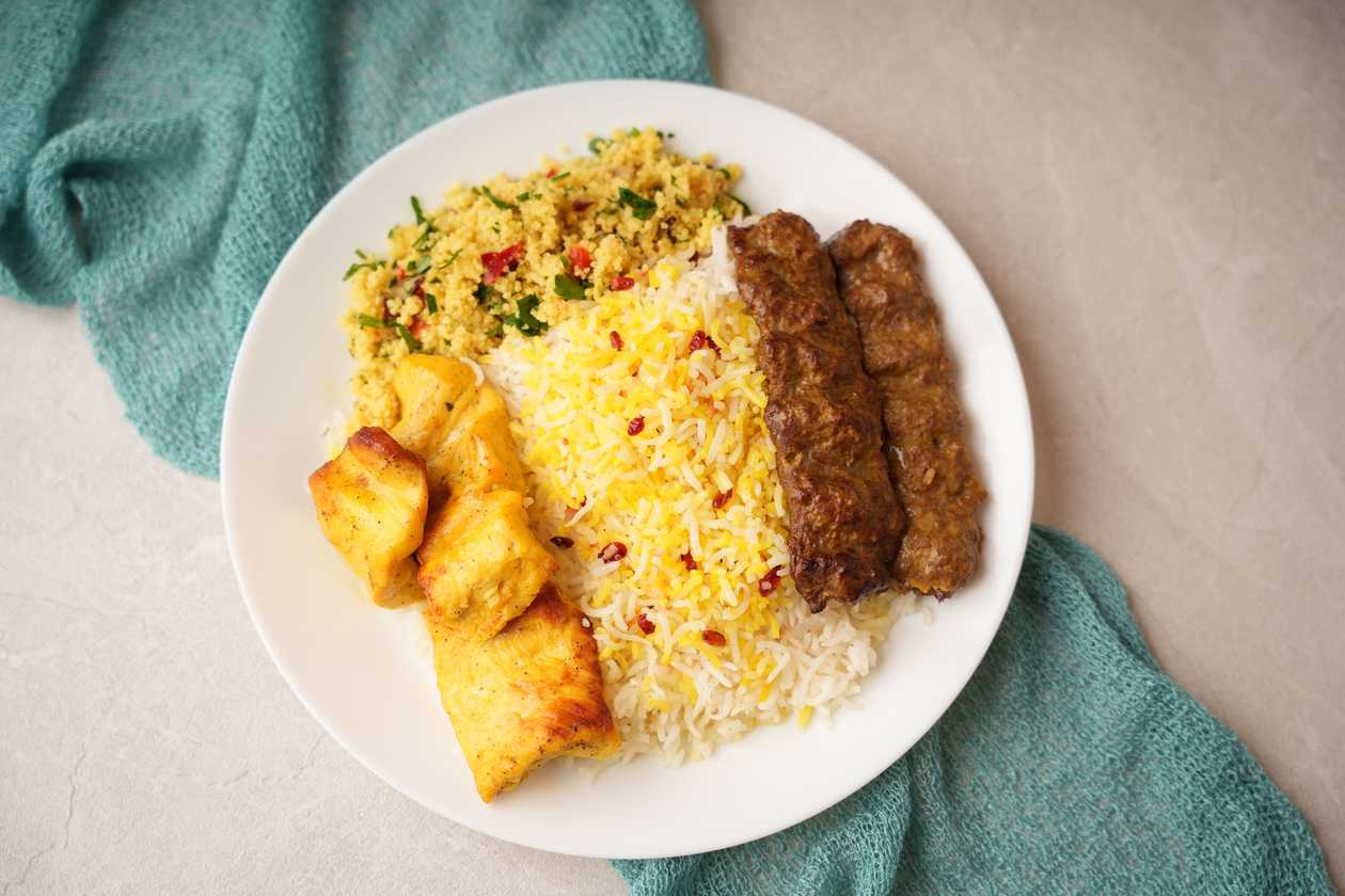 Jujeh Kebab and Beef Koobideh Kebab Platter