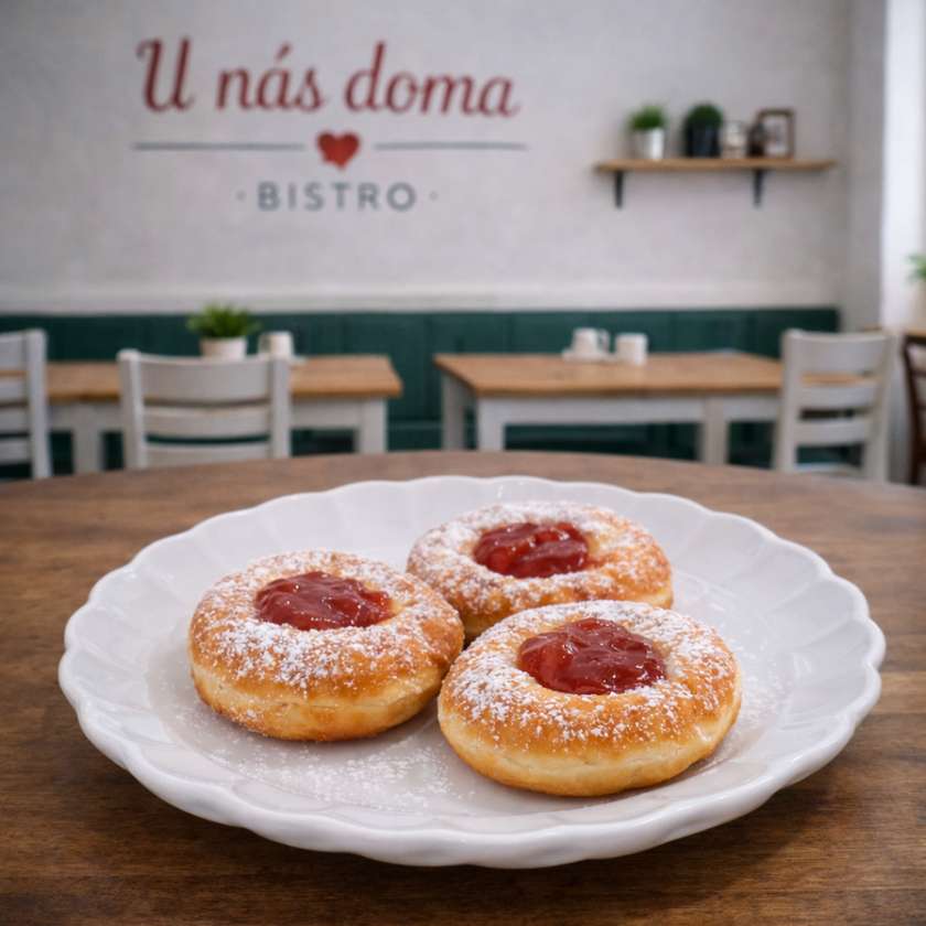 320g 	Domáce šišky s džemom a práškovým cukrom (1,3,7,12)