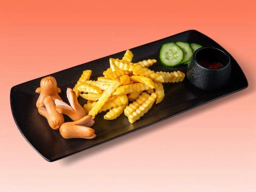 804. French fries with sausages and ketchup