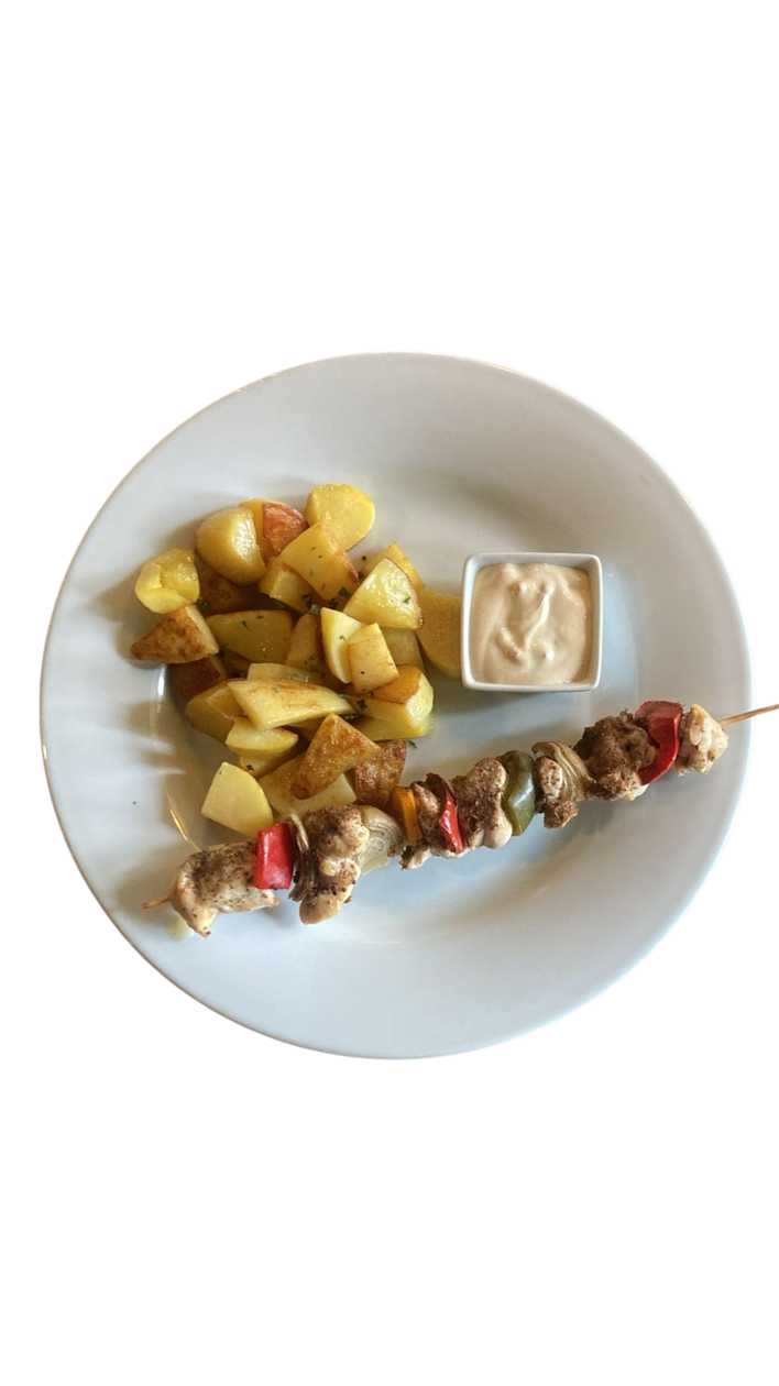 4. Kuřecí špíz, pečený brambor, mexický dresing