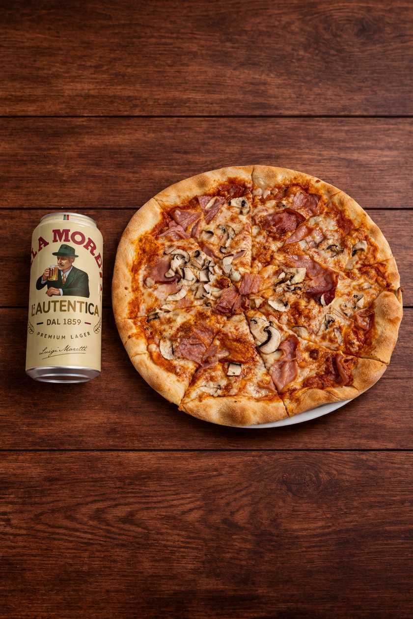 Prosciutto and Mushroom Pizza + Moretti Beer 0.5