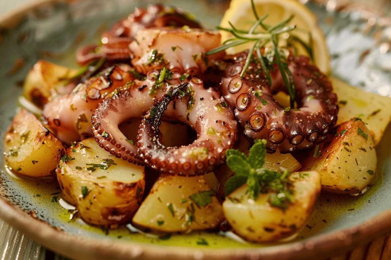 Polpo alla Griglia con Purè di Patate e Sedano Croccante