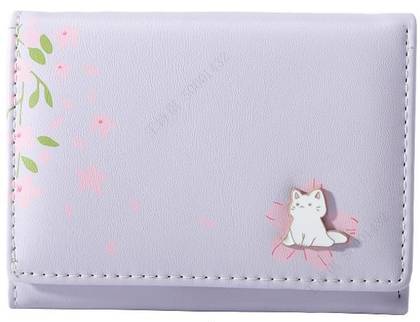 Womens Sakura Cat Tri-fold Short Wallet(Light Purple)