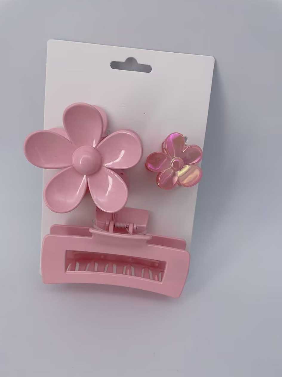 Pink Flower Hair Claw Clips (3 pcs)