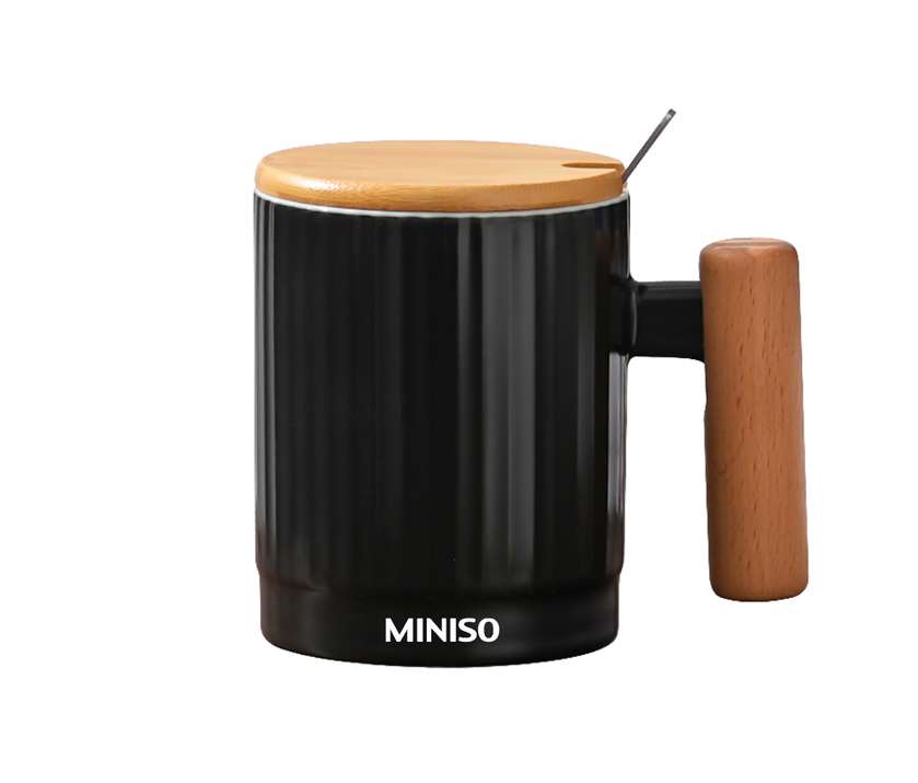 Wood Grain Ceramic Mug with Lid and Spoon 370mL(Black)