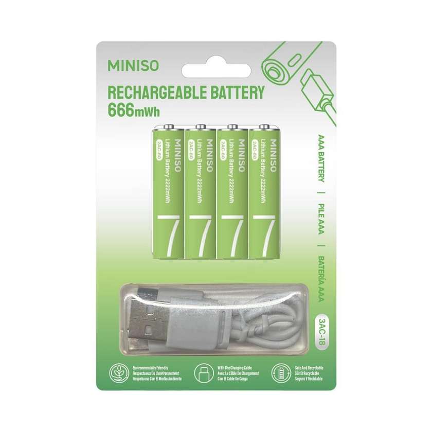 USB-C Rechargeable 666mWh AAA Battery (4 pcs) Model: 3AC-18