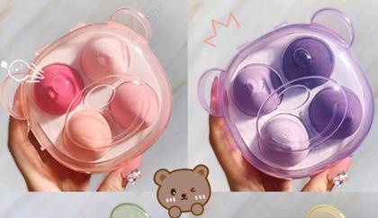 Makeup Sponge with Bear Storage Case (4 pcs, Pink/Purple)