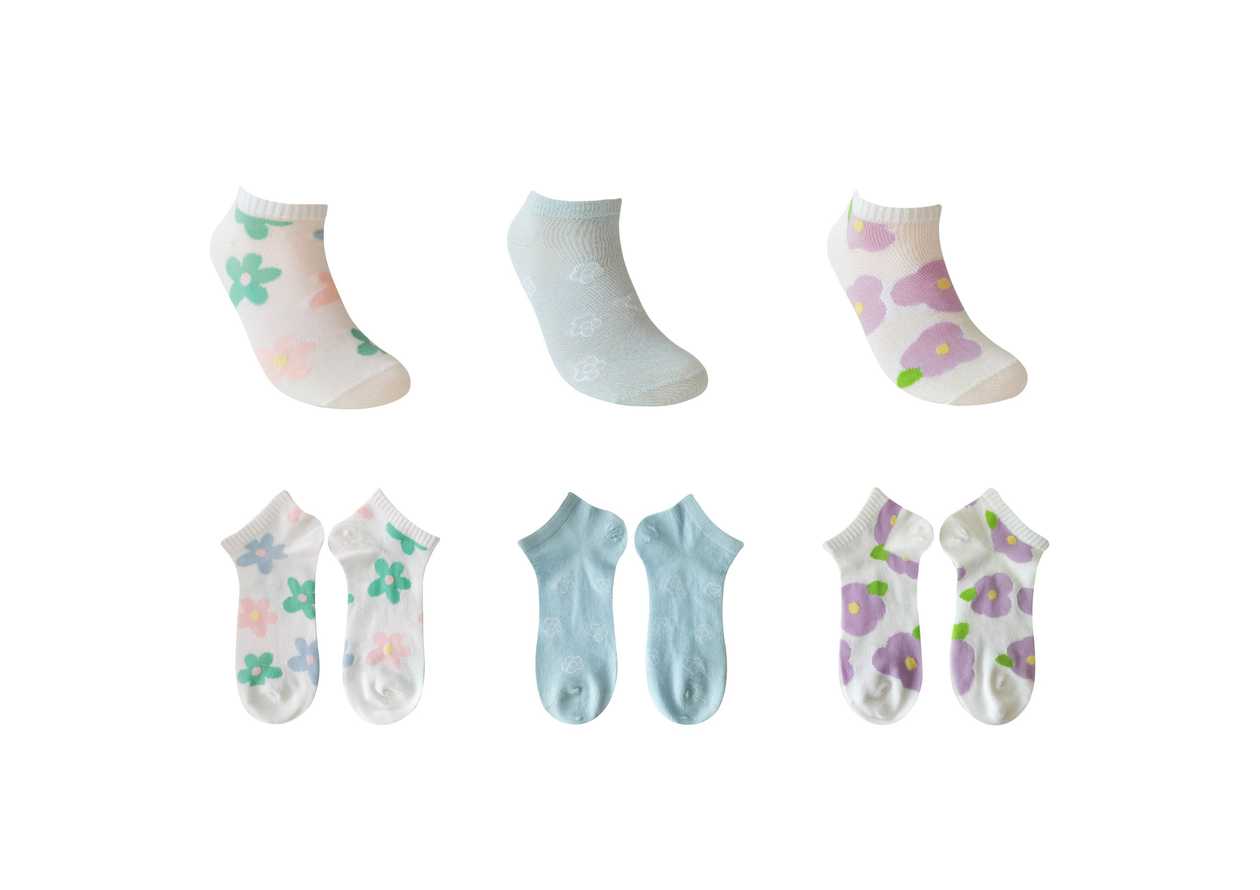 Womens Flower Ankle Socks (3 Pairs)(Blue)