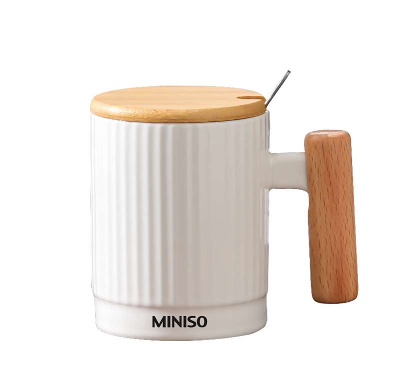 Wood Grain Ceramic Mug with Lid and Spoon 370mL(White)