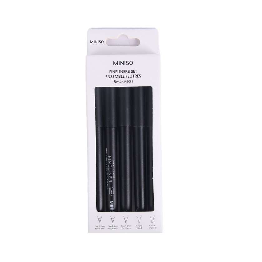 5 Black Fineliners Set (Round, 1.0mm, Chisel, 0.5mm, 0.2mm)