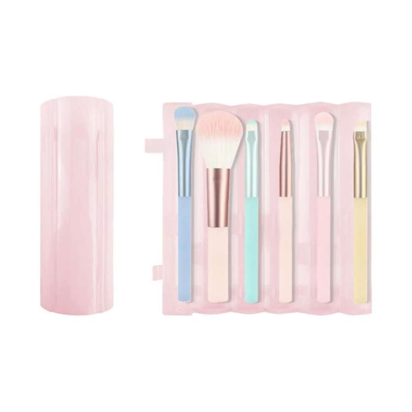 Portable Series Makeup Brush 6-Piece Set with Cylinder Holder (Macaron Colors)