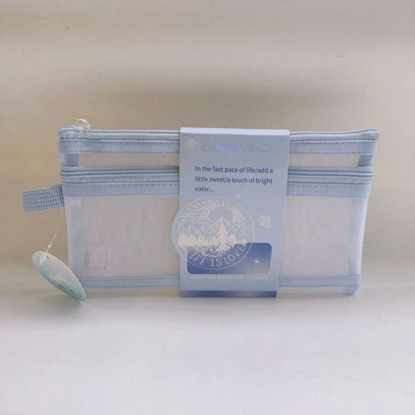 A6 Double-layer Simple Mesh Stationery Case (Light Blue)