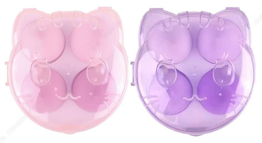 Makeup Sponges 4 pcs with Kitten Storage Box (Pink/Purple)