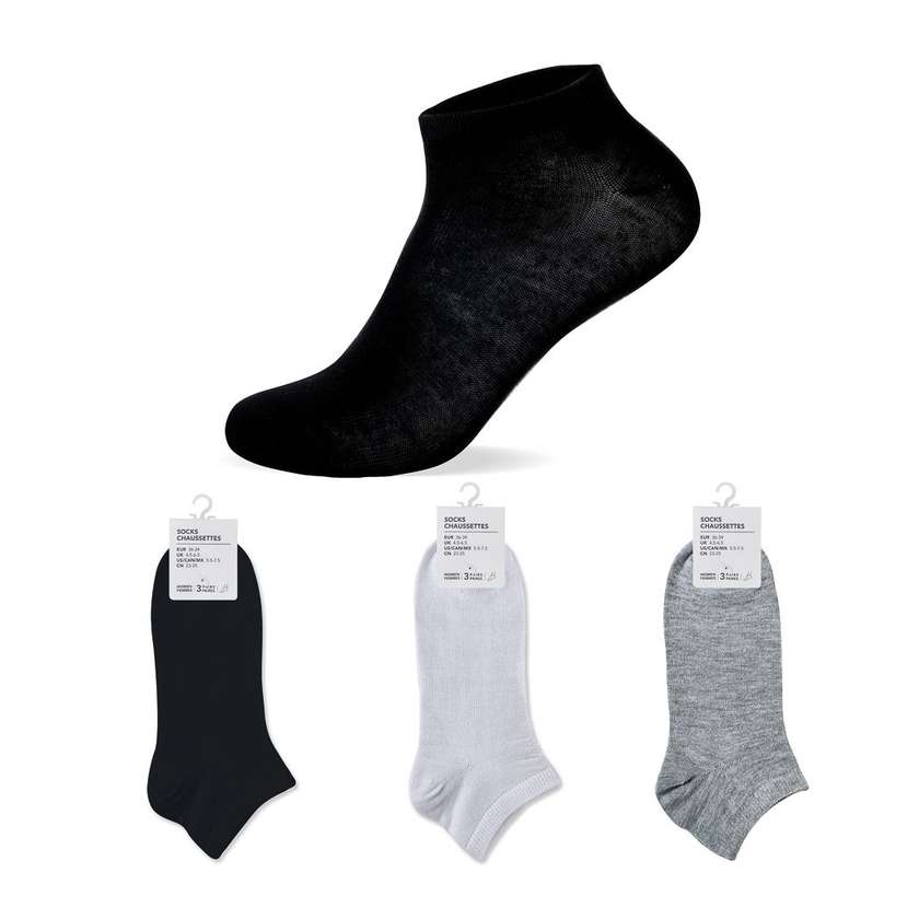 Solid Color Odor Control Womens Ankle Socks 3 Pairs (Basic Colors)