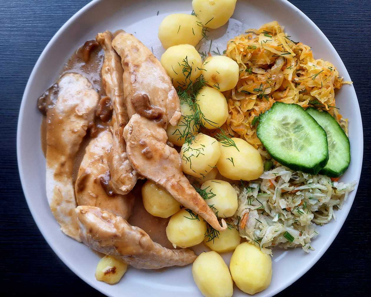 Chicken Tenderloins in Porcini Sauce, Potatoes, Salad