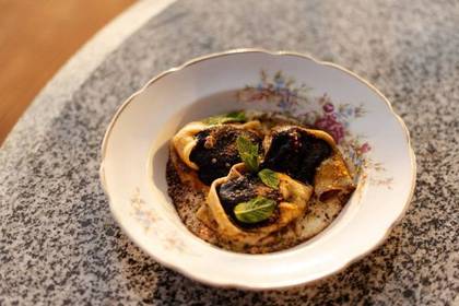 Sweet Pancakes with Berry Sauce and Fried Chocolate