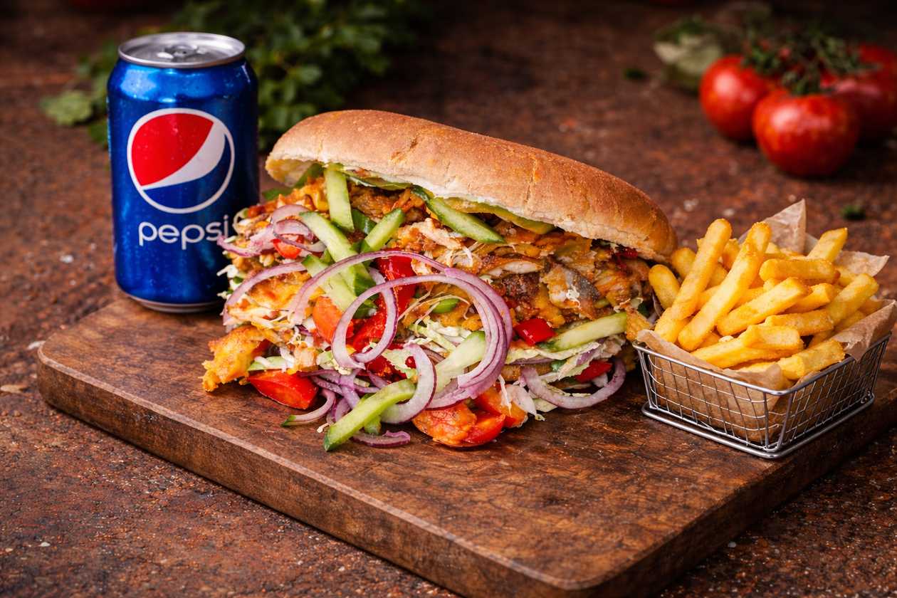 Kebabas „Bandelėje“ didelis + gruzdintos bulvytės + gėrimas 0,33 l