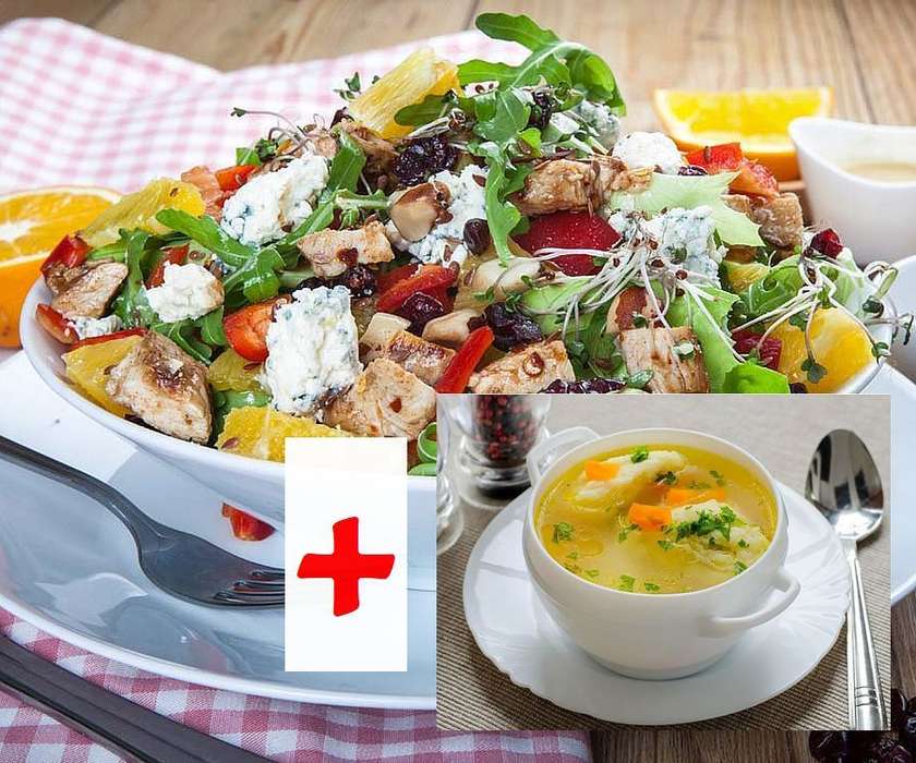 Combo No.13 HOT CHICKEN SALAD  + SUPA DE PUI CU GALUSTE