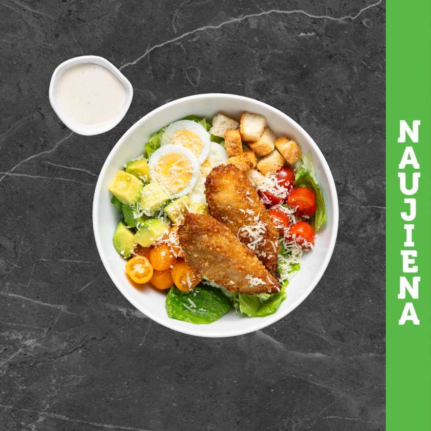 Cezario bowl su traškiais vištienos piršteliais