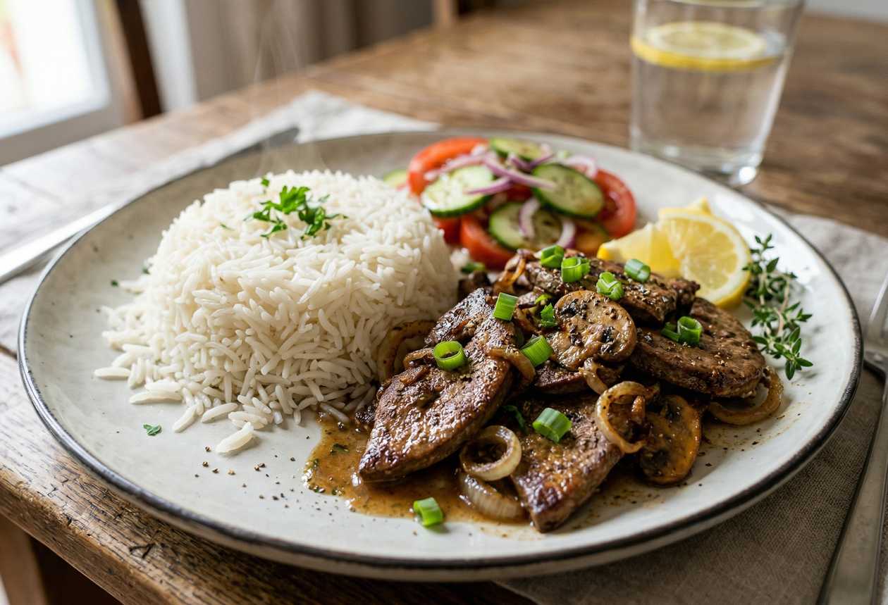 Fried liver served with rice