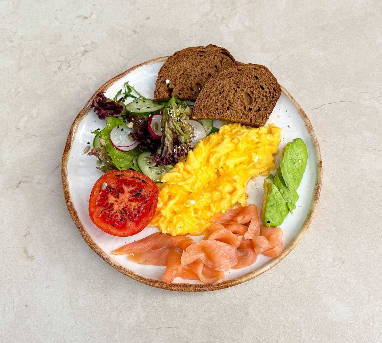 Scrambled Eggs with Salmon, Avocado, and Herbs
