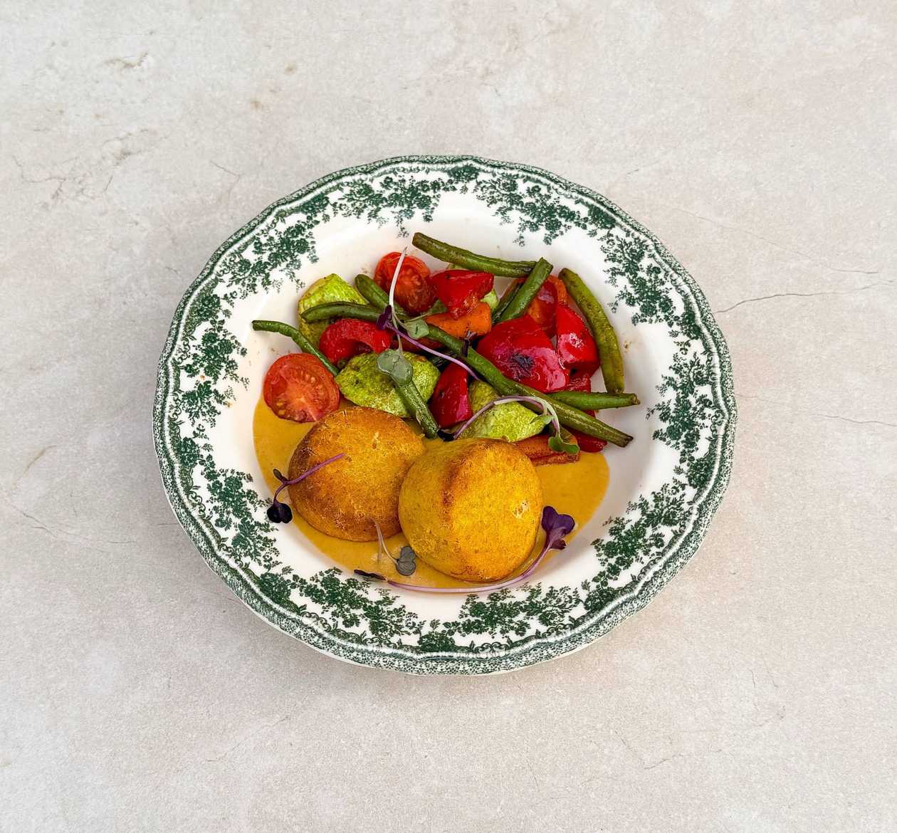 Chickpea Patties with Vegetables and Curry Sauce