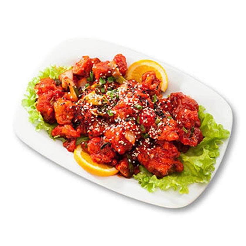 56. Crispy chicken with cherries and eggplants